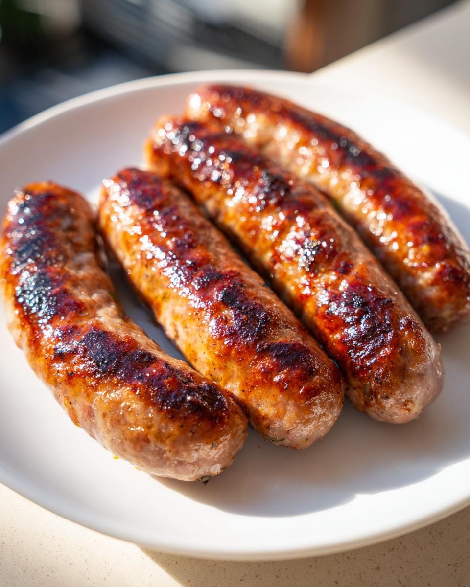 Close-up of grilled Cevapcici - Das Original ganz einfach - on a white plate, showcasing their browned and juicy texture.