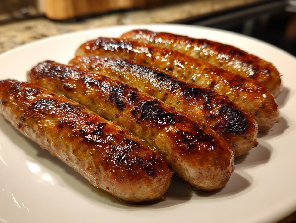Close-up of grilled Cevapcici - das Original ganz einfach, arranged on a white plate.