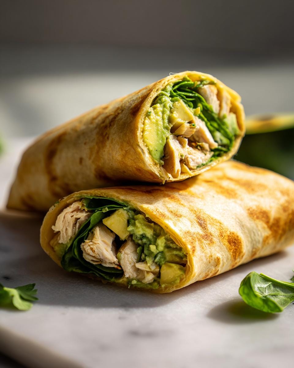 Two halves of a Chicken Avocado Wrap showing chicken, avocado, and greens filling. Quick and satisfying meal.