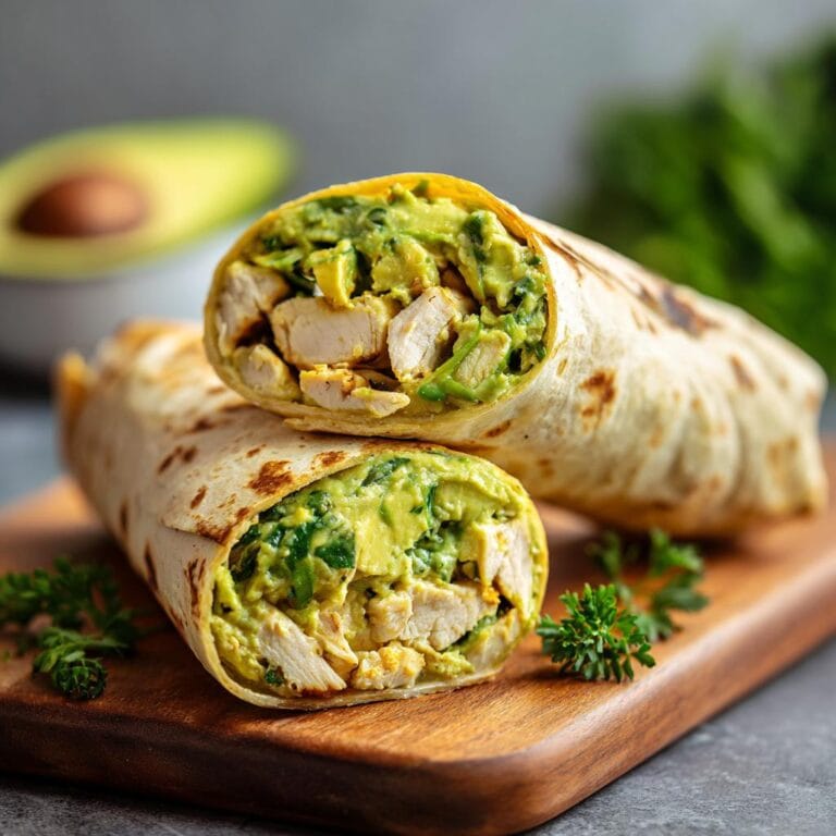 Two halves of a Chicken Avocado Wrap, showcasing the chicken, avocado, and greens filling.