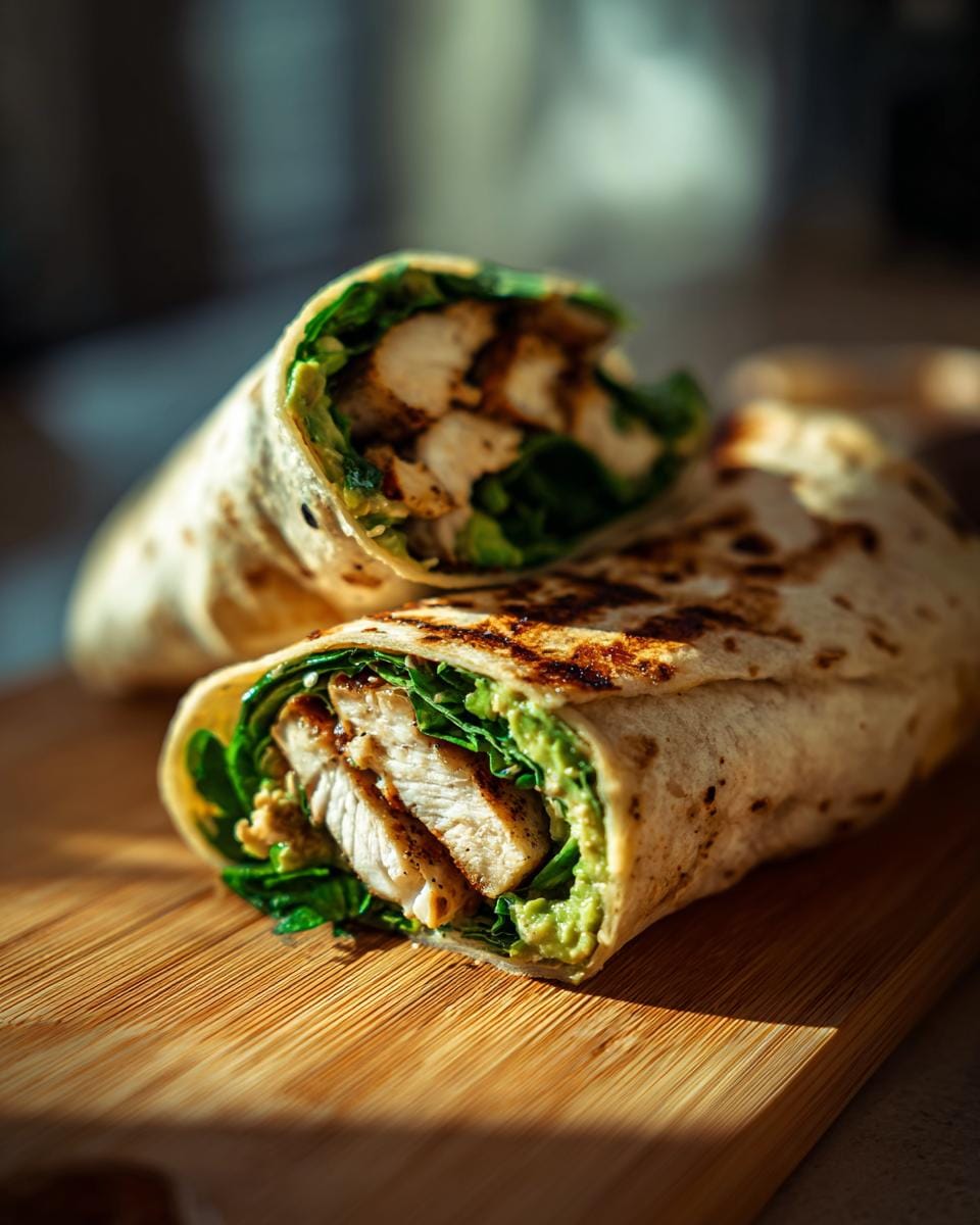 Close-up of a Chicken Avocado Wrap, showing grilled chicken, avocado, and greens in a tortilla.