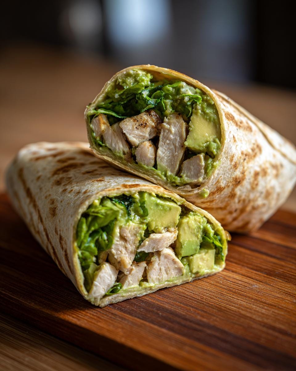 A Chicken Avocado Wrap cut in half, showcasing the chicken, avocado, and greens filling.