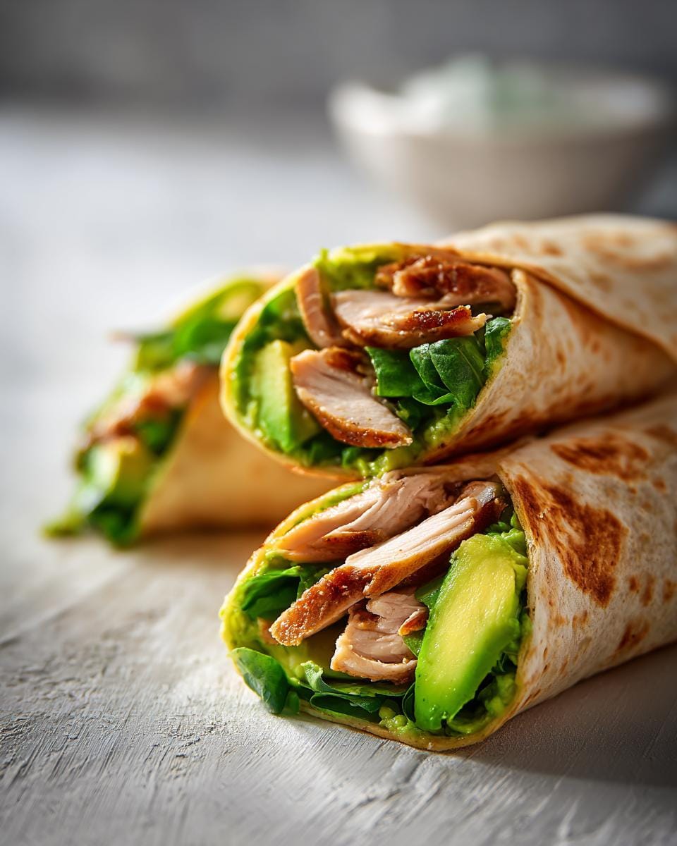 Two Chicken Avocado Wrap halves showing chicken, avocado, and greens filling.