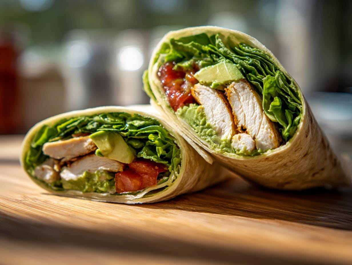 Two halves of a Chicken Avocado Wrap, showcasing chicken, avocado, lettuce, and tomato filling.