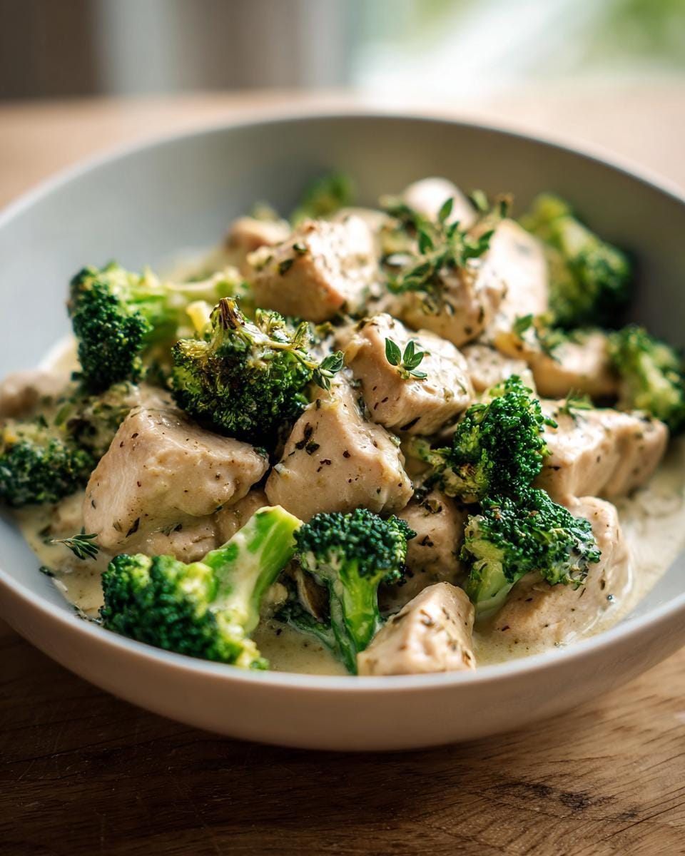 Bowl of chicken and broccoli in a creamy sauce, perfect for WAS KOCHE ICH HEUTE - schnell und gesund zu Abend essen.