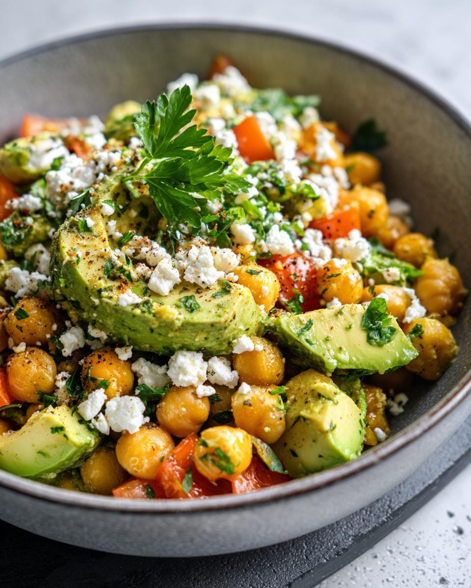 Close-up of a Chickpea Feta Avocado Salad in a bowl, garnished with parsley.