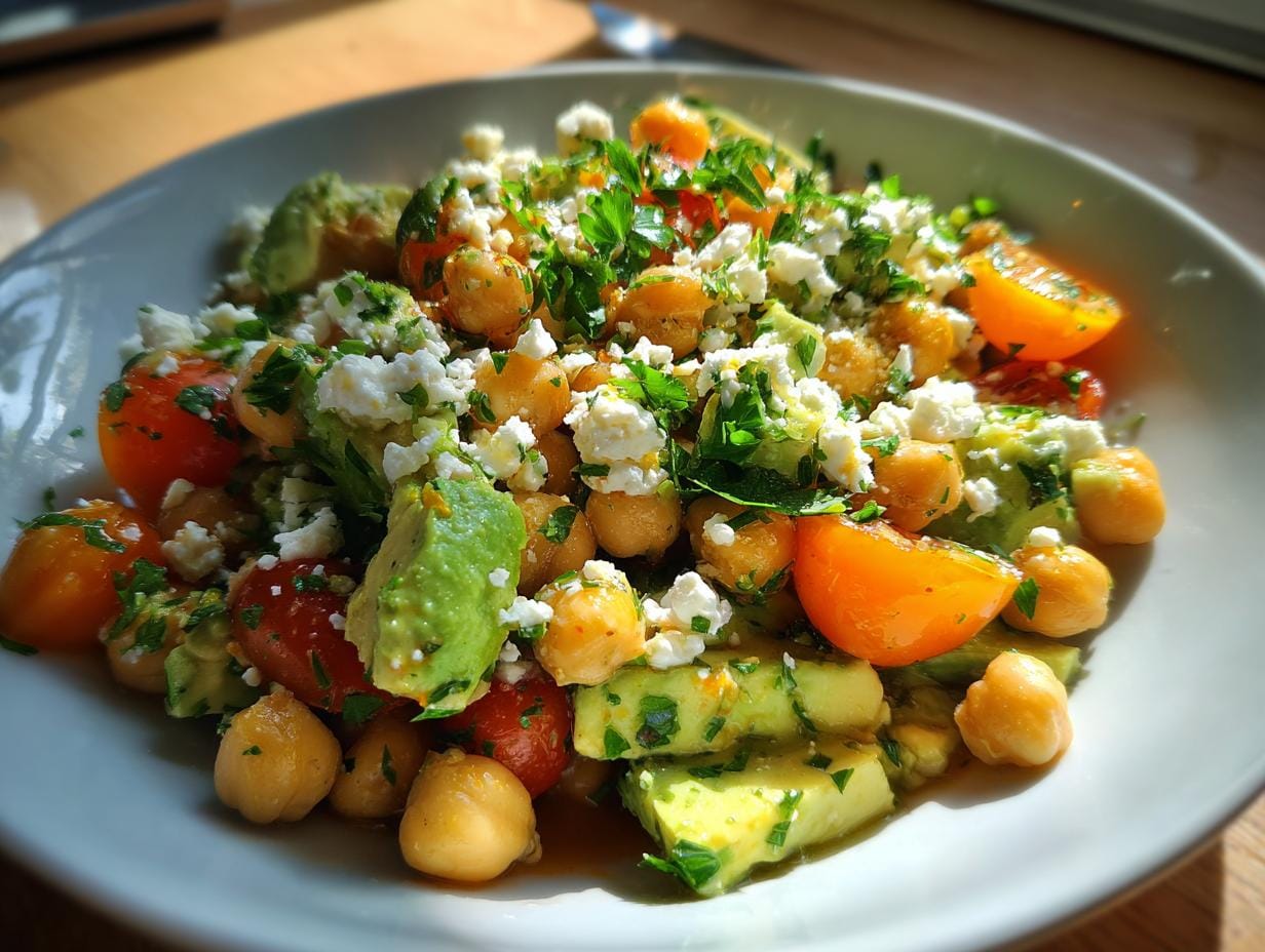 Close-up of Chickpea Feta Avocado Salad with tomatoes and herbs on a white plate.