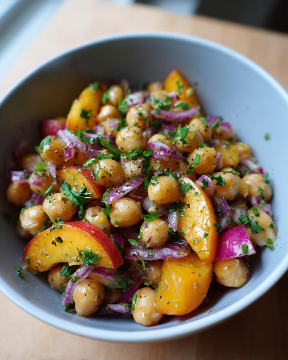 Bowl of Chickpea Peach Salad with Honey Lime Dressing, featuring chickpeas, peaches, red onion, and herbs.