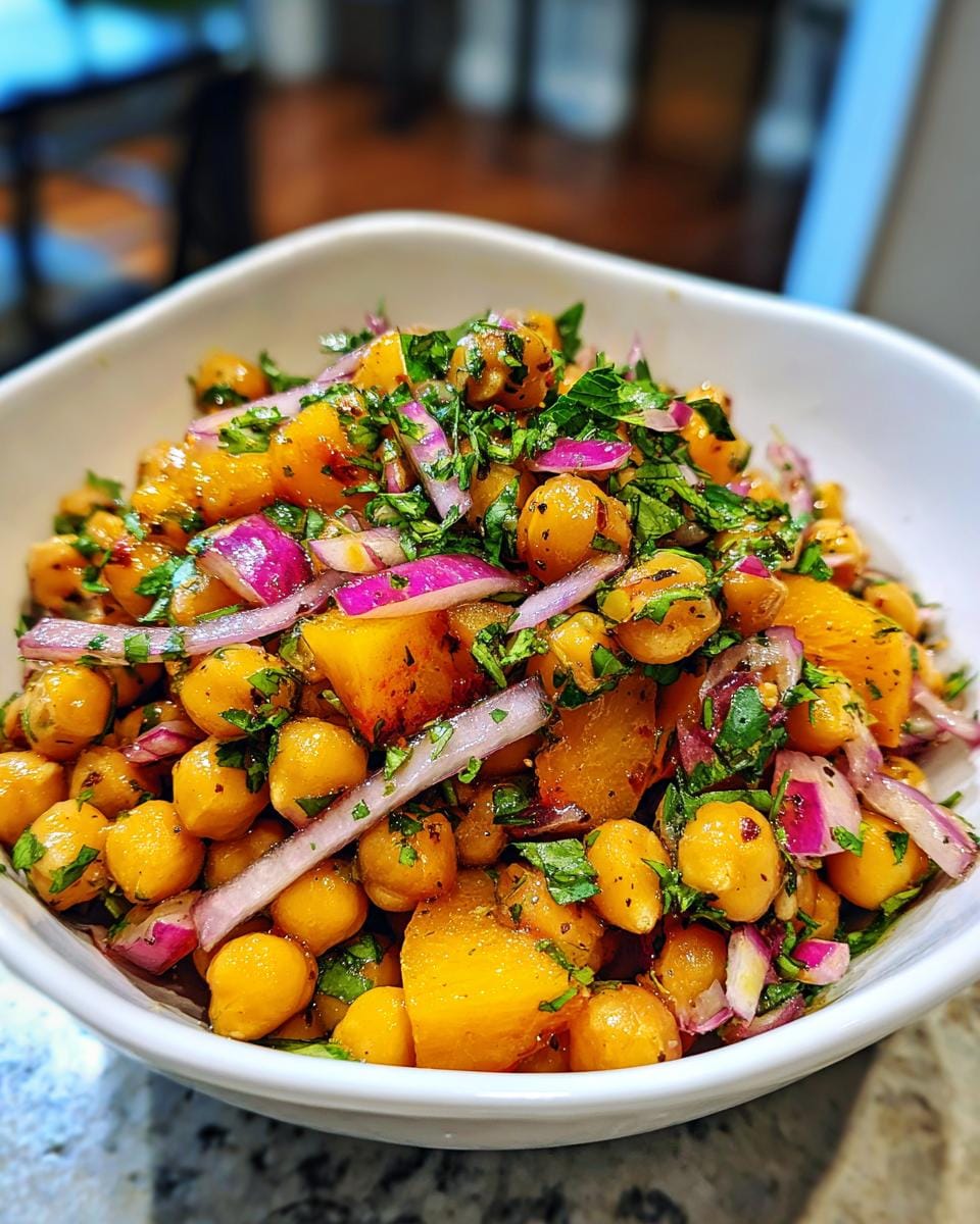 Close-up of Chickpea Peach Salad with Honey Lime Dressing, featuring chickpeas, peaches, red onion, and herbs.