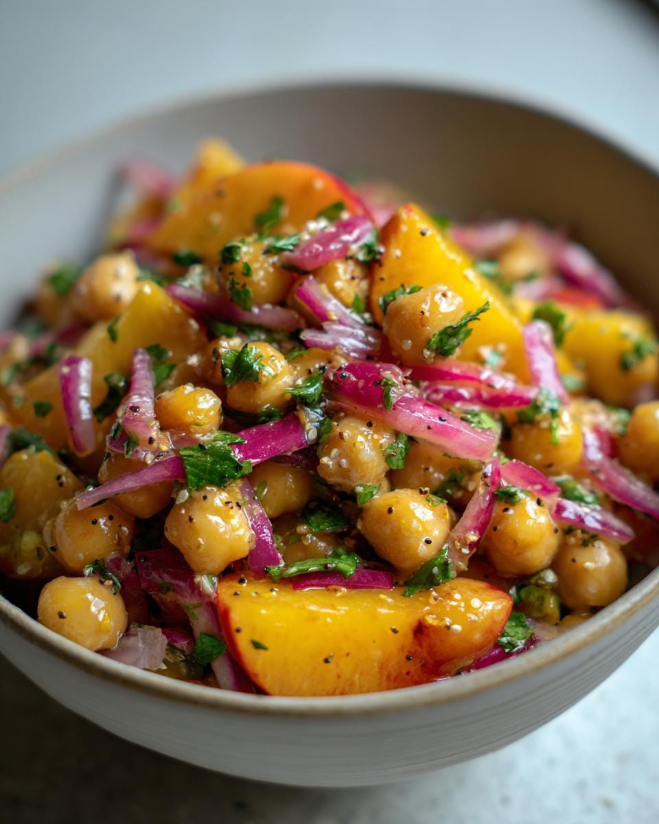 Close-up of Chickpea Peach Salad with Honey Lime Dressing in a bowl, featuring chickpeas, peaches, and red onion.