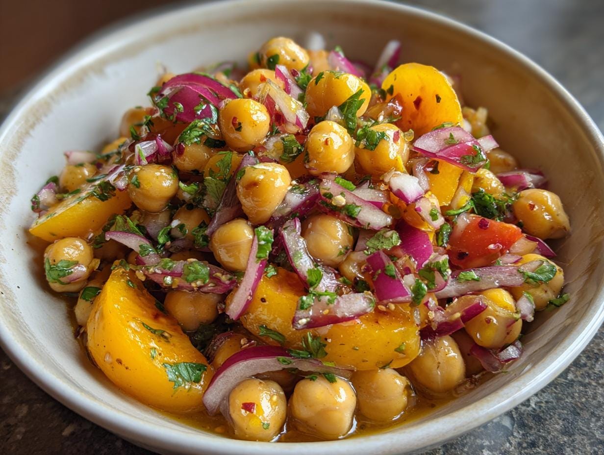 Close-up of Chickpea Peach Salad with Honey Lime Dressing, featuring chickpeas, peaches, and red onion.