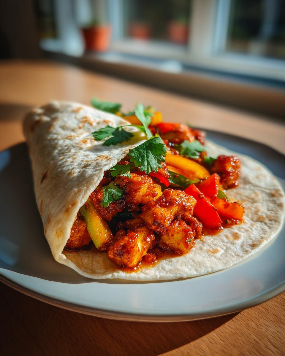 A tasty Chili Halloumi Wrap filled with halloumi, peppers, and herbs on a plate.