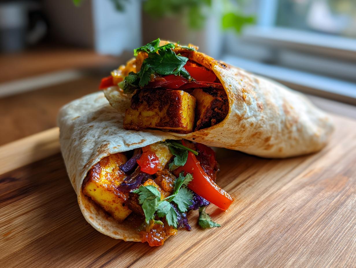 Two Chili Halloumi Wraps filled with halloumi, peppers, and herbs, stacked on a wooden board.