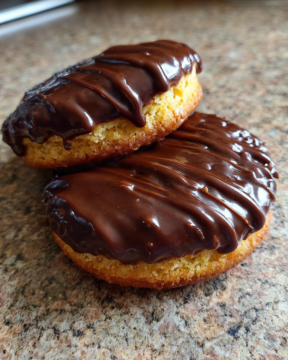Two freshly baked Amerikaner pastries with glossy chocolate glaze, ready to enjoy.