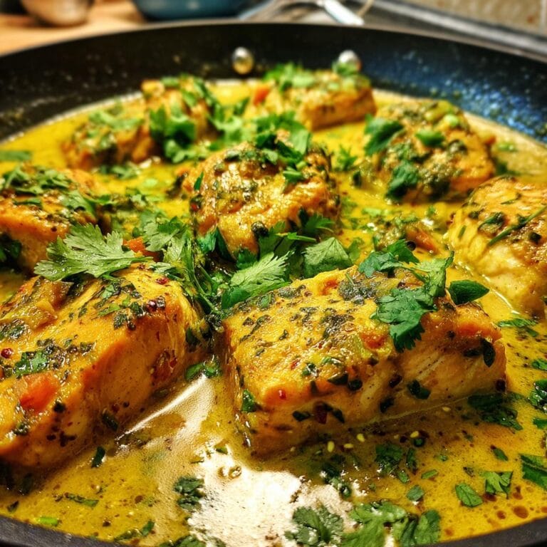 Close-up of Coconut Curry Salmon pieces in a pan, garnished with fresh cilantro.