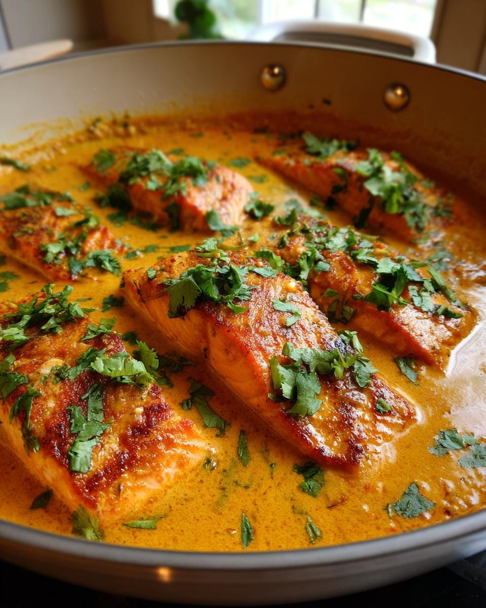 Pan of Coconut Curry Salmon garnished with fresh cilantro, ready to serve.