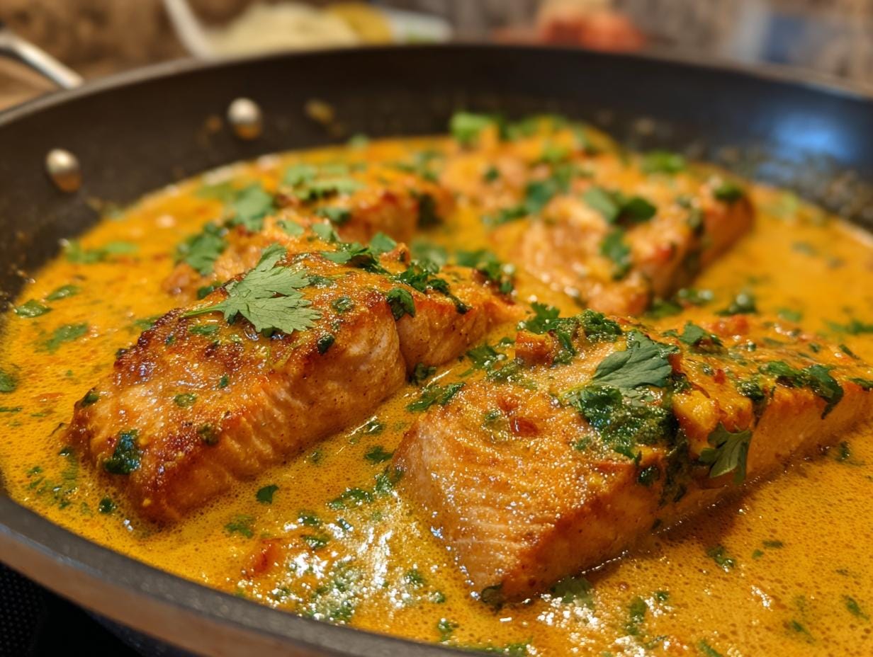 Pan of Coconut Curry Salmon, garnished with fresh cilantro. Ready to serve.
