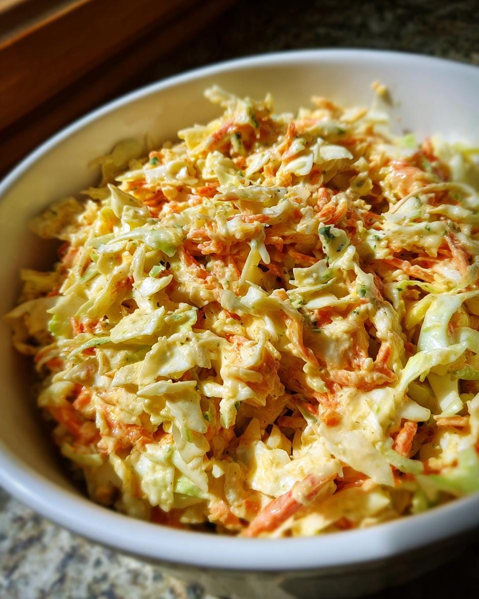 Close-up of Das perfekte Coleslaw Salat Rezept, showing shredded cabbage, carrots, and creamy dressing in a white bowl.