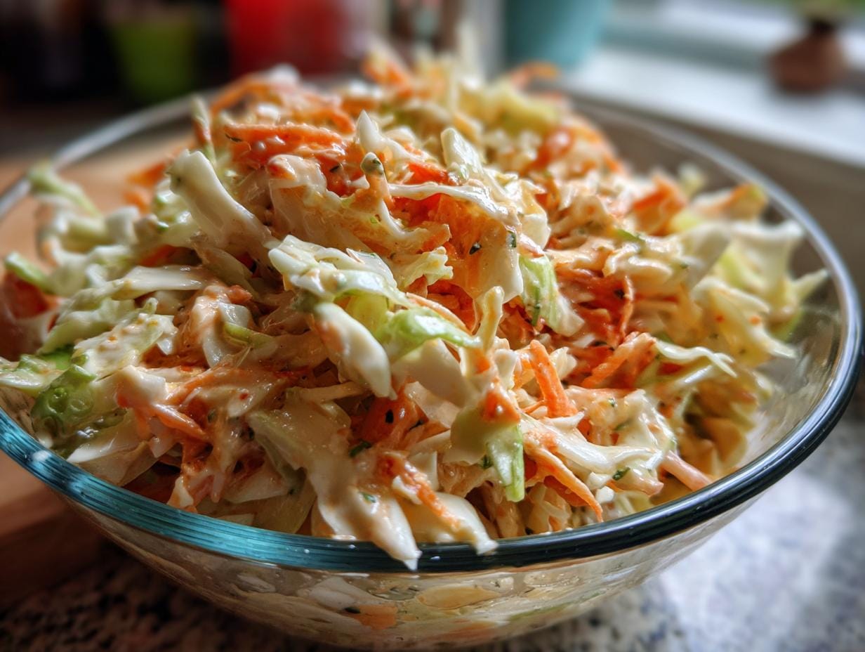 Nahaufnahme von Das perfekte Coleslaw Salat Rezept, serviert in einer Glasschüssel. Enthält Kohl und Karotten.