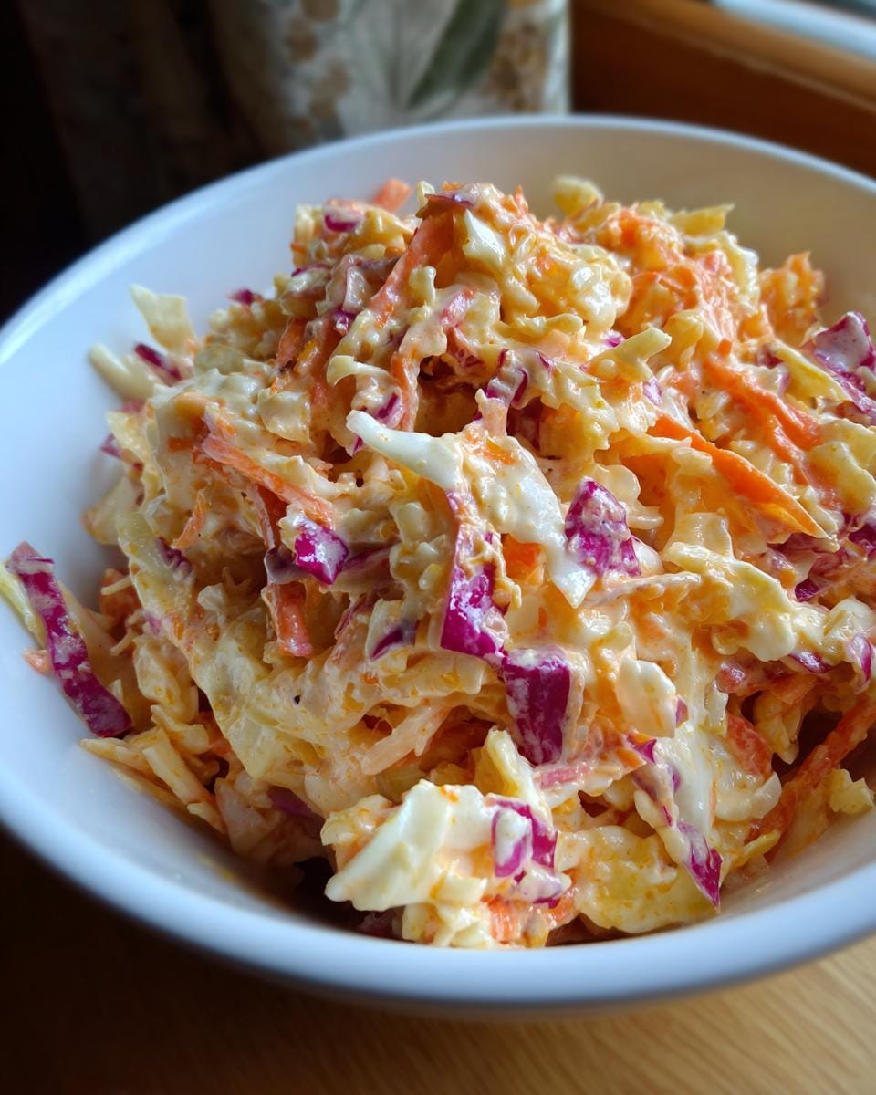 Nahaufnahme von Das perfekte Coleslaw Salat Rezept, serviert in einer weißen Schüssel. 