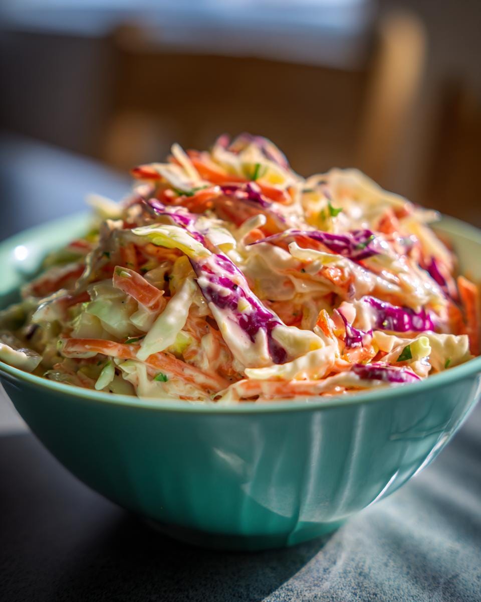 Close-up of Das perfekte Coleslaw Salat Rezept für jeden Anlass! in a blue bowl, showing cabbage, carrots, and creamy dressing.