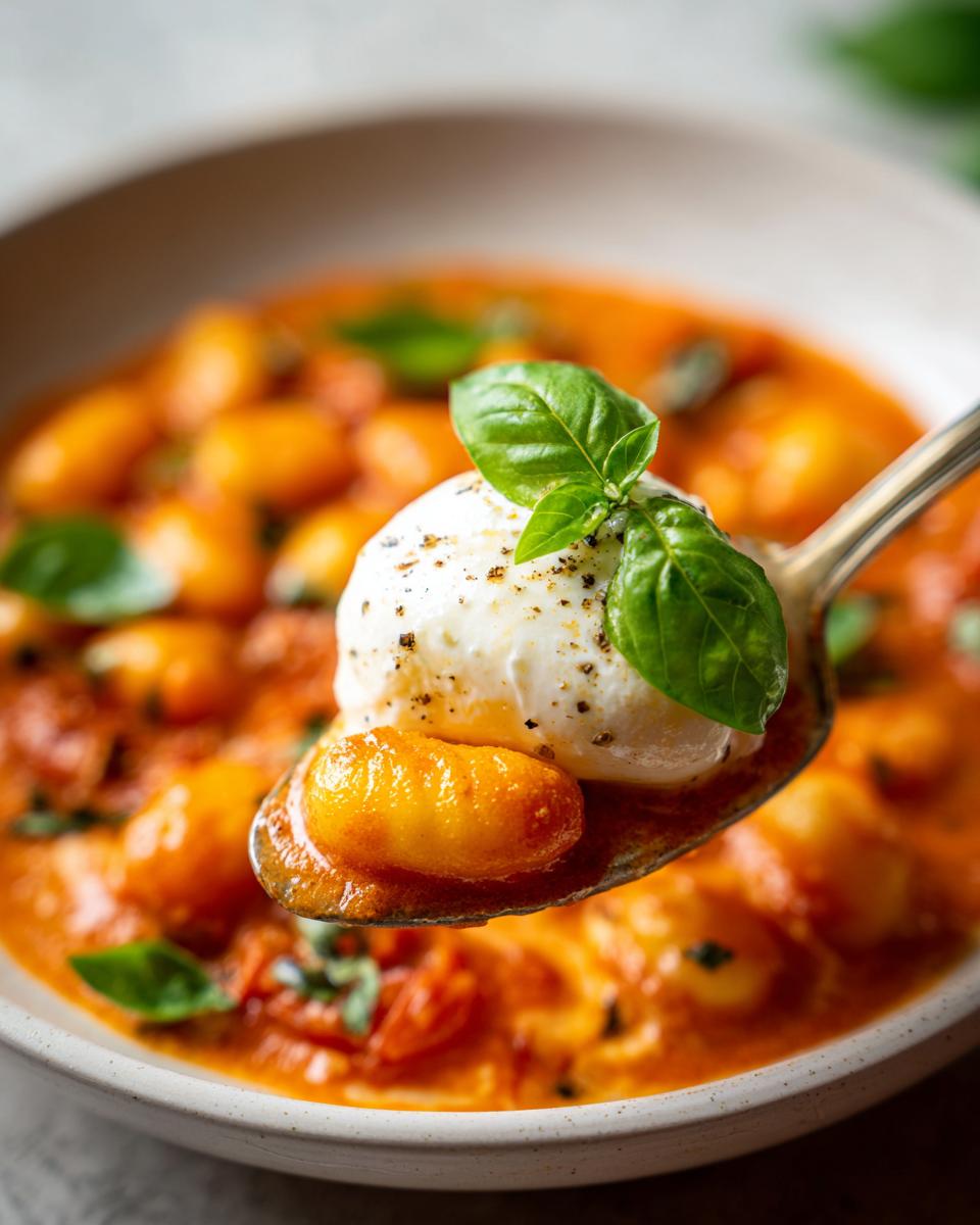Spoonful of 30 Minute Creamy Tomato Gnocchi with Burrata, garnished with basil, ready to eat.