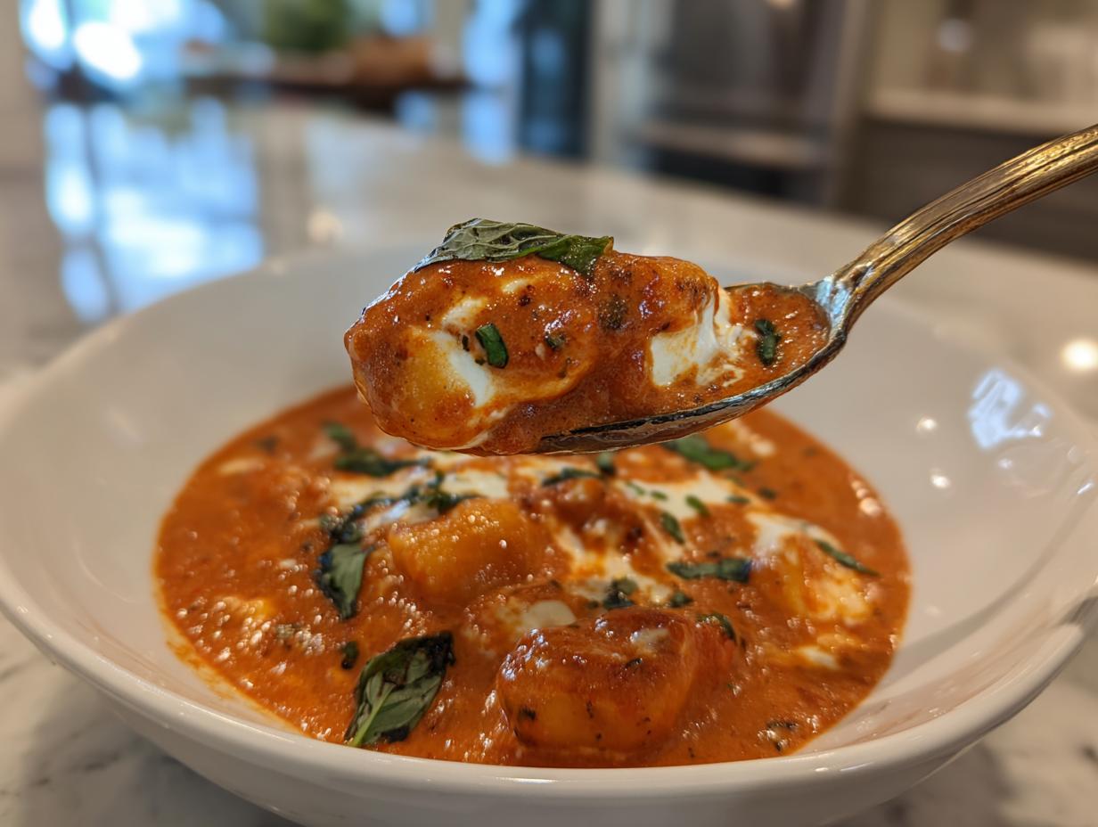 A spoonful of 30 Minute Creamy Tomato Gnocchi with Burrata, showcasing the creamy sauce and fresh basil.