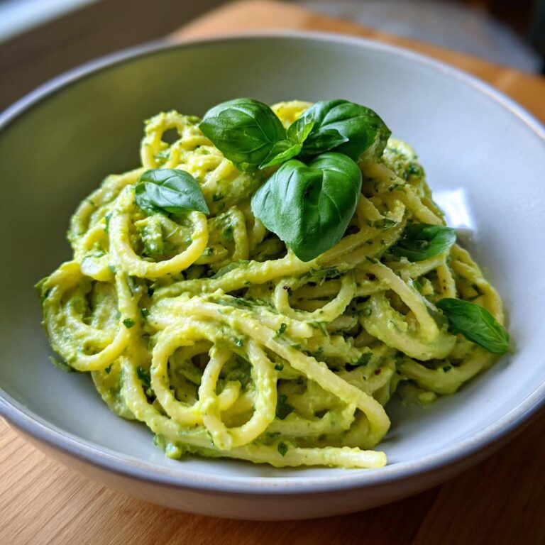 Bowl of Cremige Avocado Pasta topped with fresh basil leaves, ready to eat.