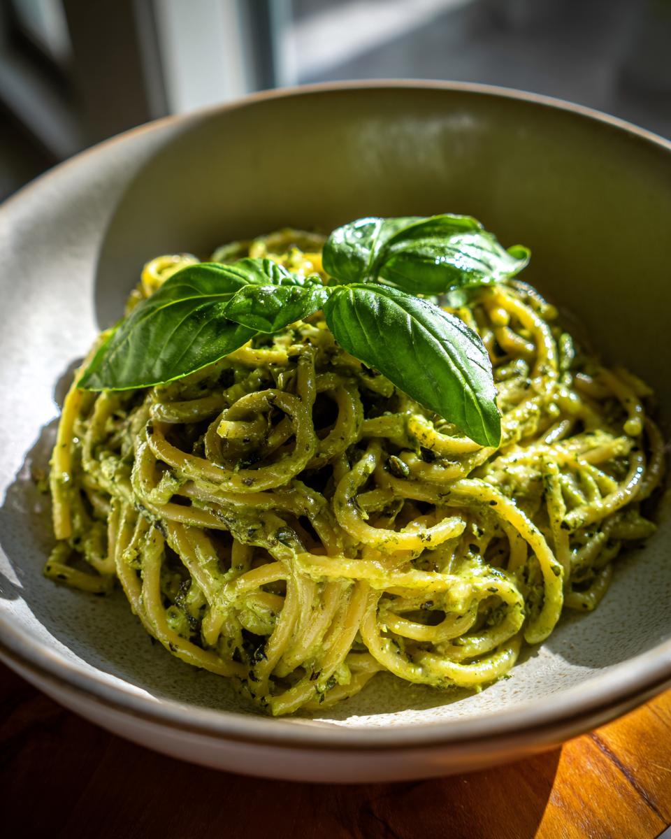 Bowl of Cremige Avocado Pasta topped with fresh basil leaves, ready to eat.