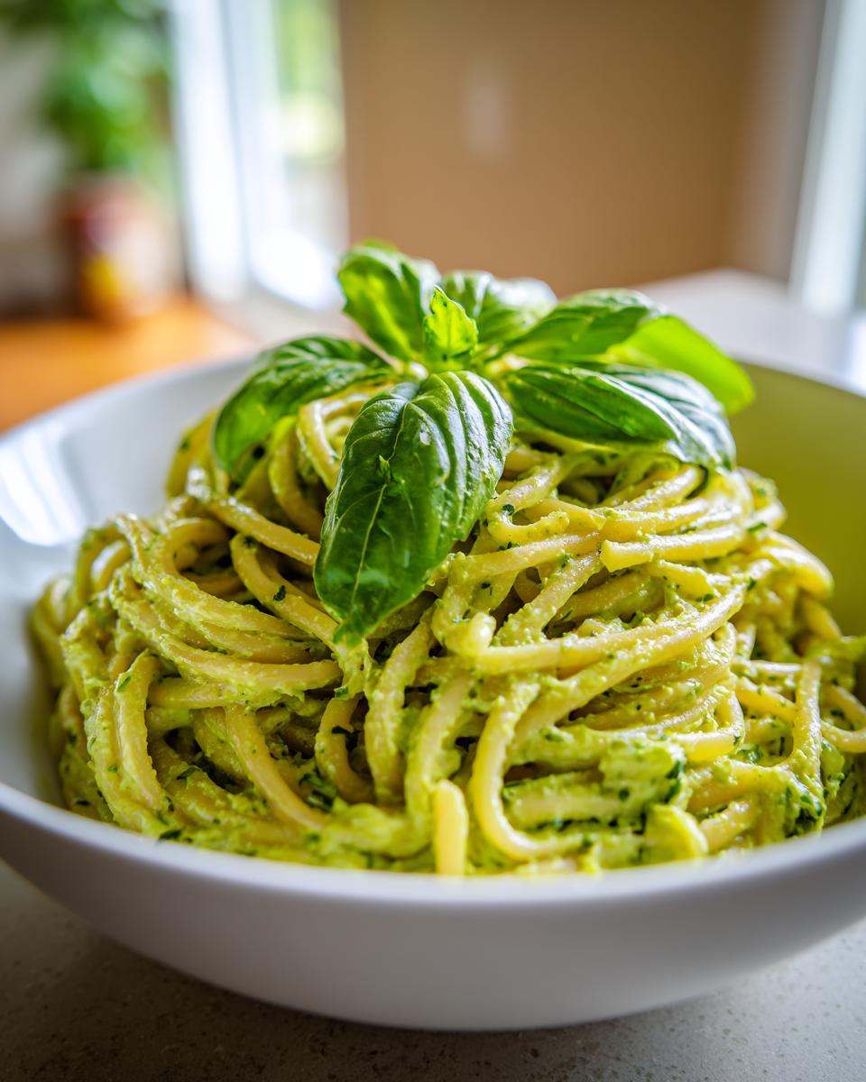 A bowl of Cremige Avocado Pasta topped with fresh basil leaves, ready to eat.
