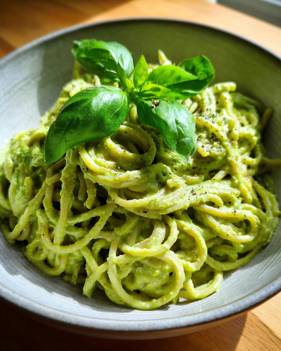 Close-up of Cremige Avocado Pasta in a bowl, topped with fresh basil and cracked black pepper.