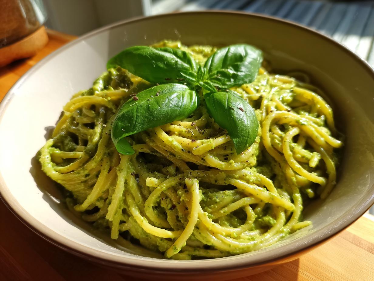 Bowl of Cremige Avocado Pasta garnished with fresh basil leaves and black pepper.