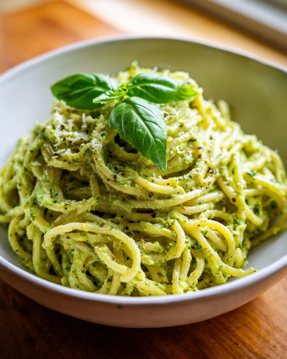 Bowl of Cremige Avocado Pasta topped with basil and parmesan cheese.