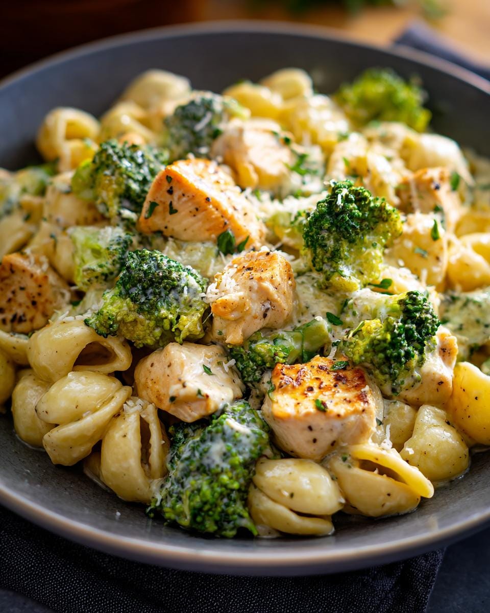 Nahaufnahme von Cremige Hähnchen Brokkoli Pasta in einer Schüssel, garniert mit Parmesan und Petersilie.