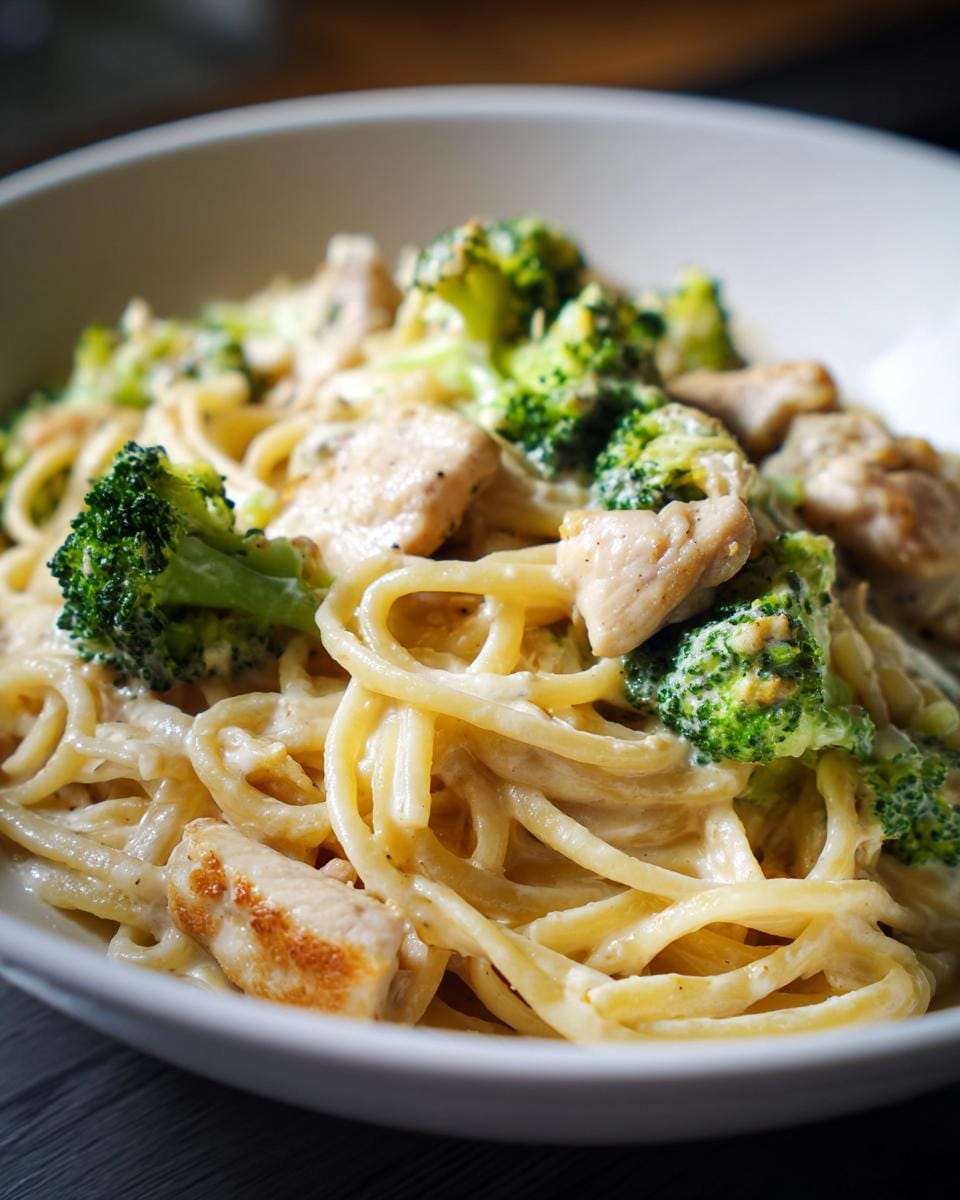Close-up of Cremige Hähnchen Brokkoli Pasta in a white bowl, showing pasta, chicken, and broccoli in a creamy sauce.