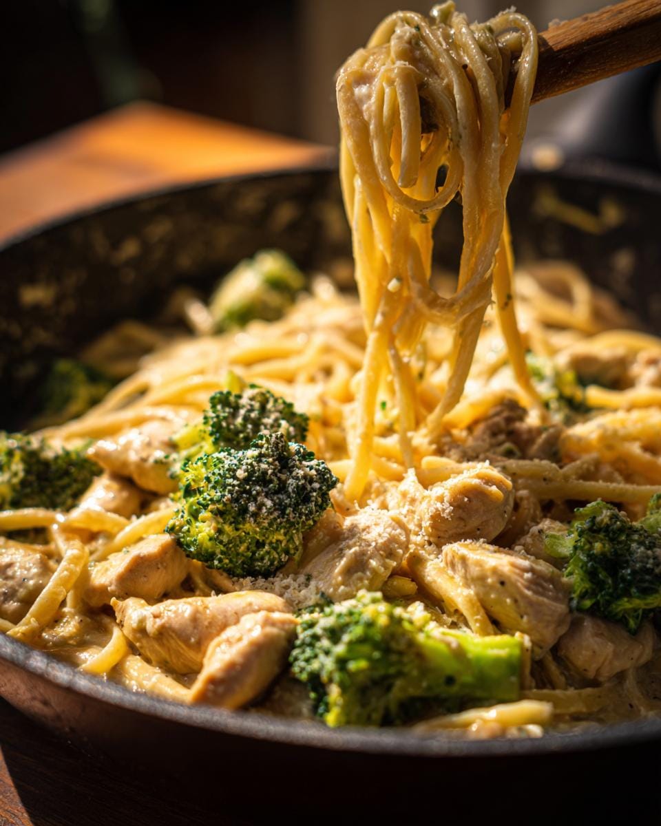 Close-up of Cremige Hähnchen Brokkoli Pasta in a pan, featuring pasta, chicken, and broccoli.