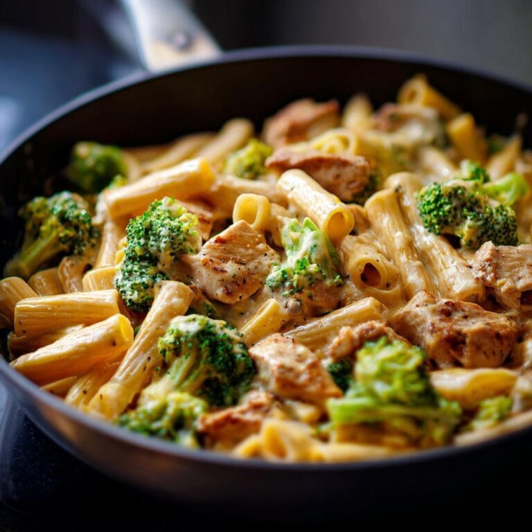 Nahaufnahme von Cremige Hähnchen Brokkoli Pasta in einer Pfanne, mit Hähnchen, Brokkoli und cremiger Sauce.