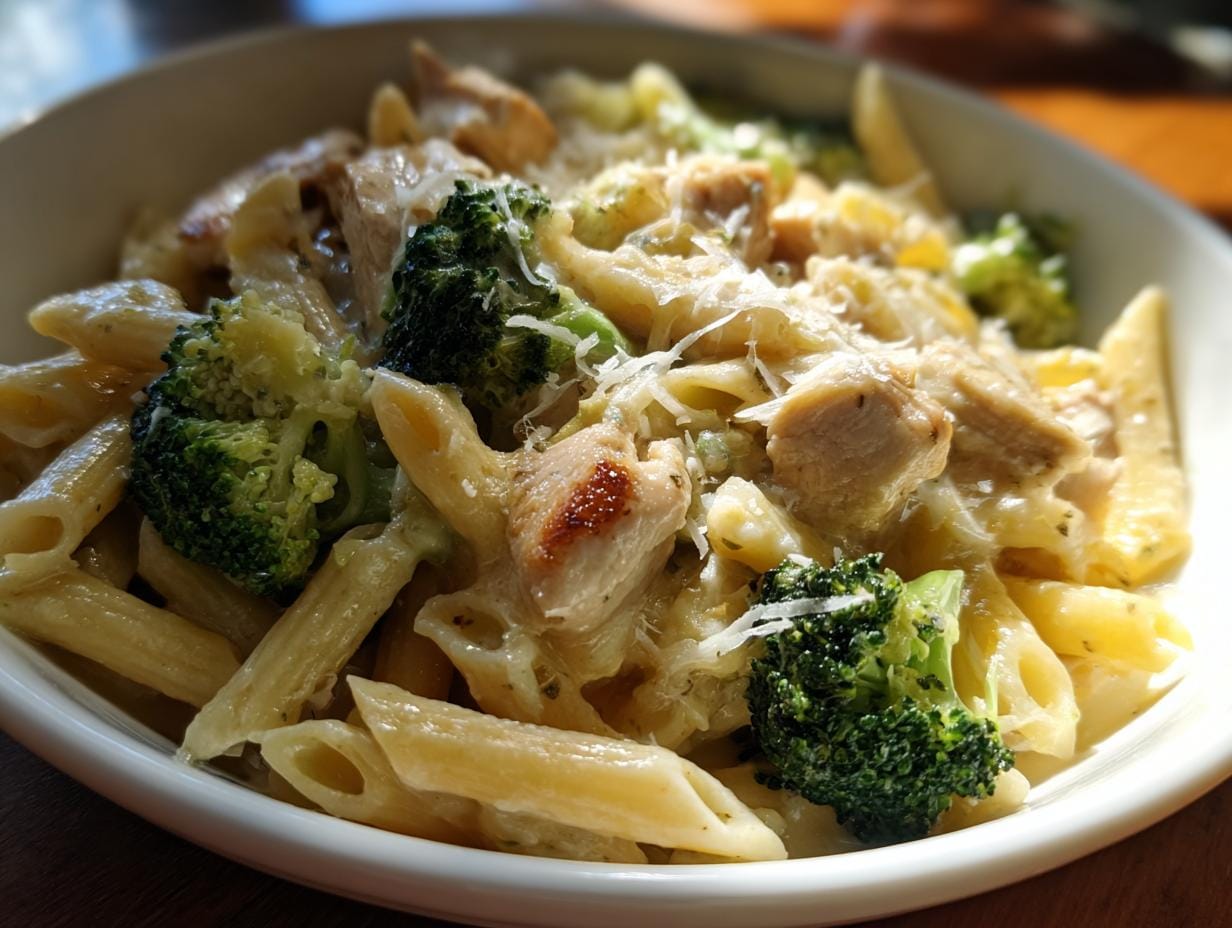 A bowl of Cremige Hähnchen Brokkoli Pasta with penne, chicken, broccoli, and creamy sauce.