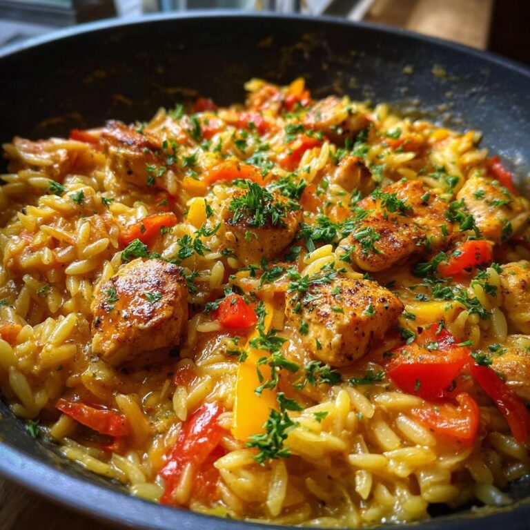 Nahaufnahme einer Cremige Orzo-Pfanne mit Hähnchen, Paprika und frischer Petersilie in einer schwarzen Pfanne.