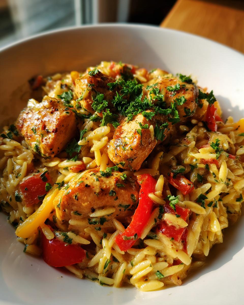 Close-up of Cremige Orzo-Pfanne mit Hähnchen, featuring chicken, orzo pasta, peppers, and parsley in a creamy sauce.