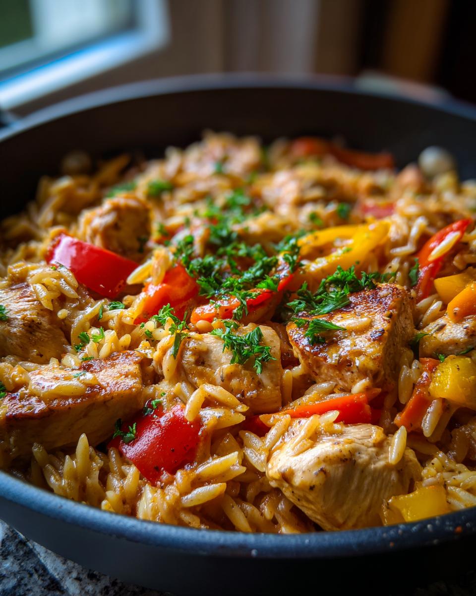 Nahaufnahme einer Cremige Orzo-Pfanne mit Hähnchen, Paprika und Petersilie in einer schwarzen Pfanne.