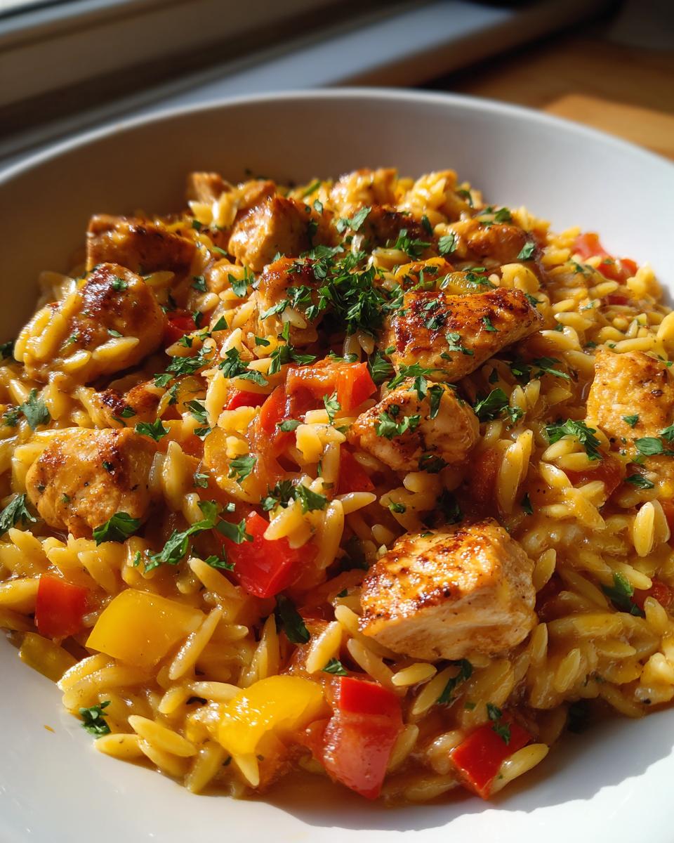 Close-up of Cremige Orzo-Pfanne mit Hähnchen (creamy orzo pasta with chicken) in a bowl, garnished with parsley.