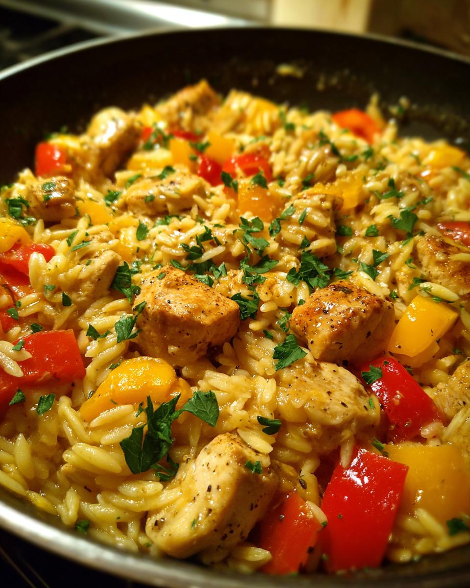 Nahaufnahme einer Cremige Orzo-Pfanne mit Hähnchen, Paprika und Petersilie in einer schwarzen Pfanne.