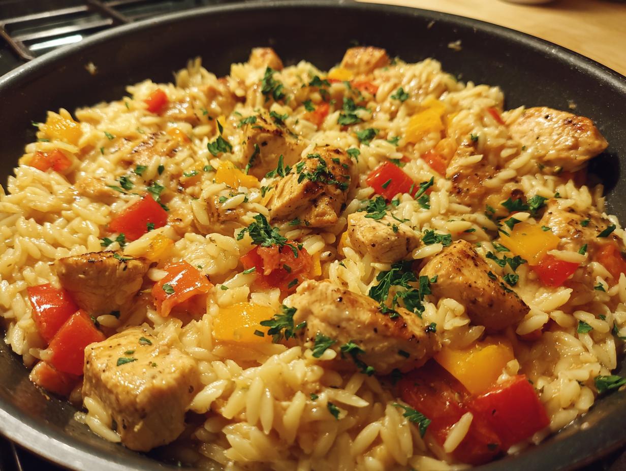 Nahaufnahme einer cremigen Orzo-Pfanne mit Hähnchen, Paprika und Petersilie in einer schwarzen Pfanne.