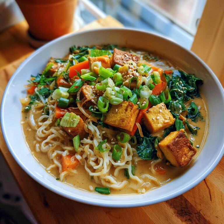 Bowl of Cremige Ramen mit Erdnuss & Kokos, topped with tofu, vegetables, and green onions.