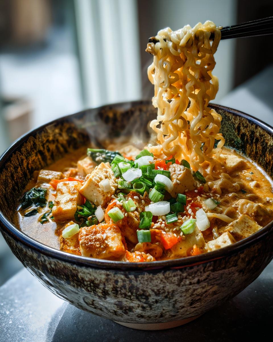 Bowl of Cremige Ramen mit Erdnuss & Kokos topped with tofu, green onions, and sesame seeds.