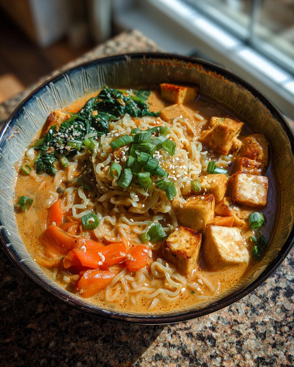 Bowl of Cremige Ramen mit Erdnuss & Kokos, topped with tofu, spinach, carrots, and sesame seeds.