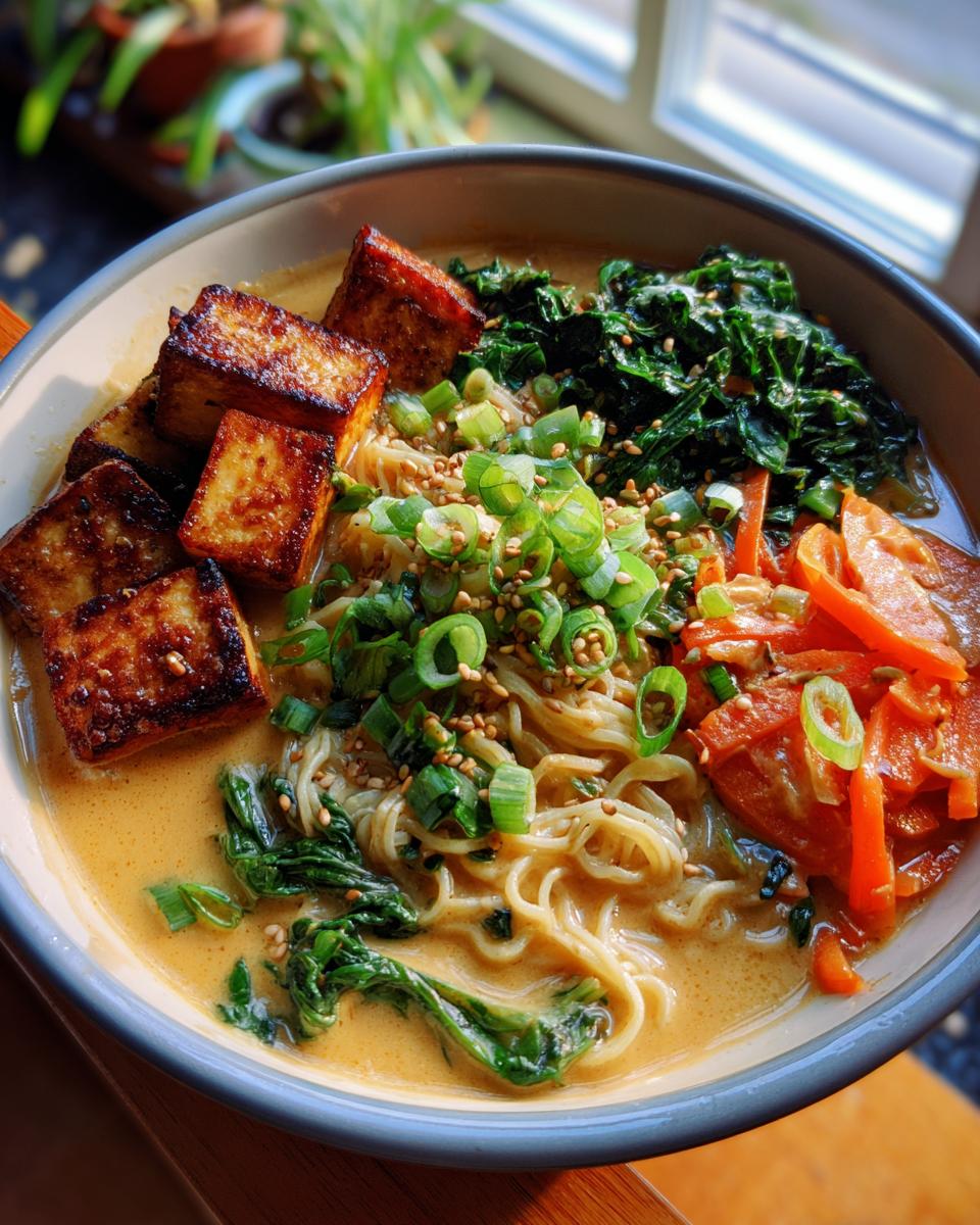 Bowl of Cremige Ramen mit Erdnuss & Kokos, featuring tofu, noodles, vegetables, and a creamy broth.