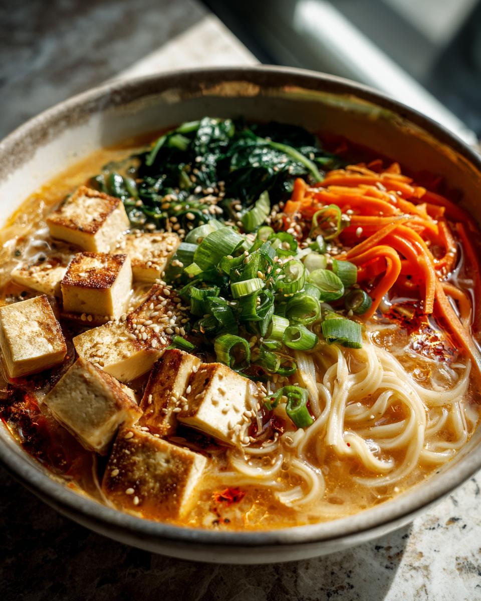 Bowl of Cremige Ramen mit Erdnuss & Kokos, featuring tofu, noodles, carrots, spinach, and green onions.