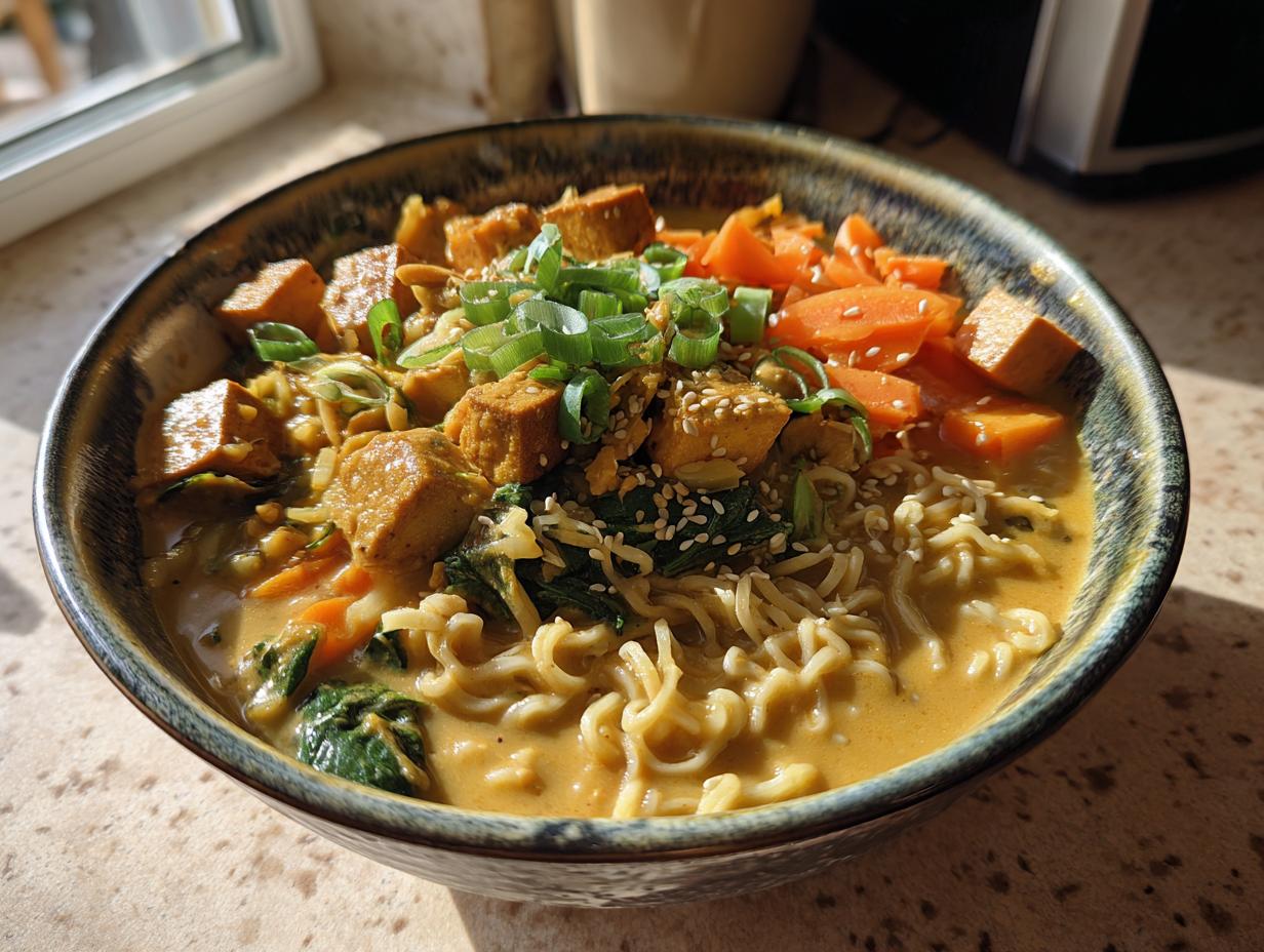 Bowl of Cremige Ramen mit Erdnuss & Kokos, featuring noodles, tofu, carrots, and green onions.